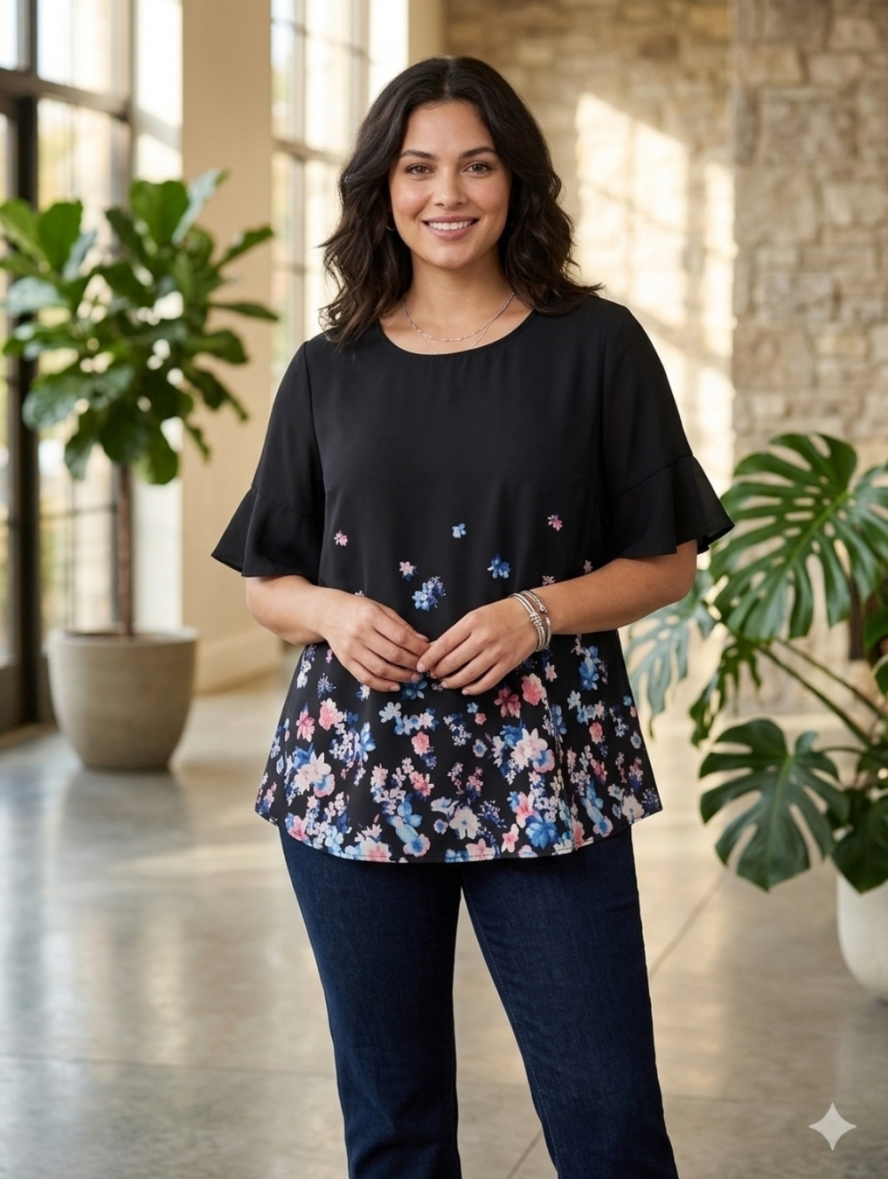 Elle Womens Black Floral Border Print Short Sleeve Top New Size L - Picture 2 of 5
